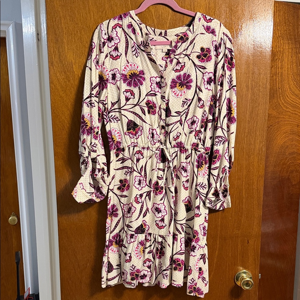 LOFT Cream Dress with Pink & Purple Floral Print